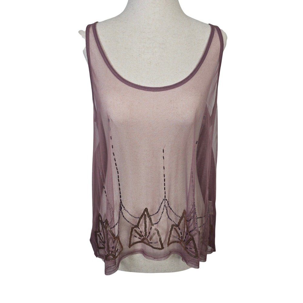 Decree Womens XL Mauve Mesh Overlay Tank Top Art Deco Beaded Sequin Scoop Neck